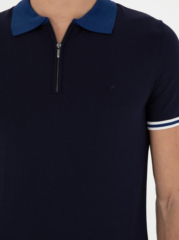 Lacivert Slim Fit Fermuarlı Polo Yaka Triko T-shirt