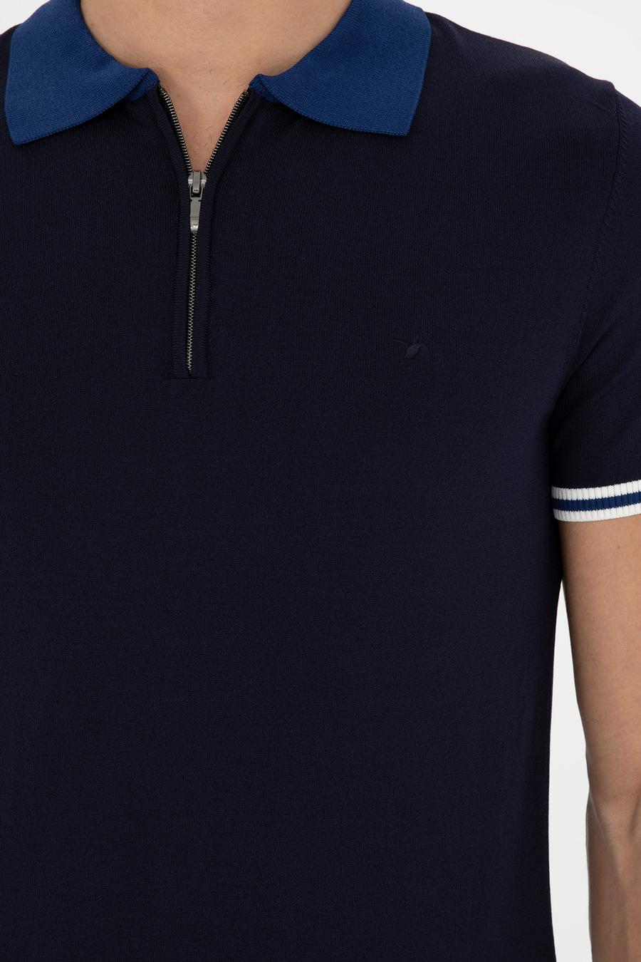 Lacivert Slim Fit Fermuarlı Polo Yaka Triko T-shirt - 50285434097