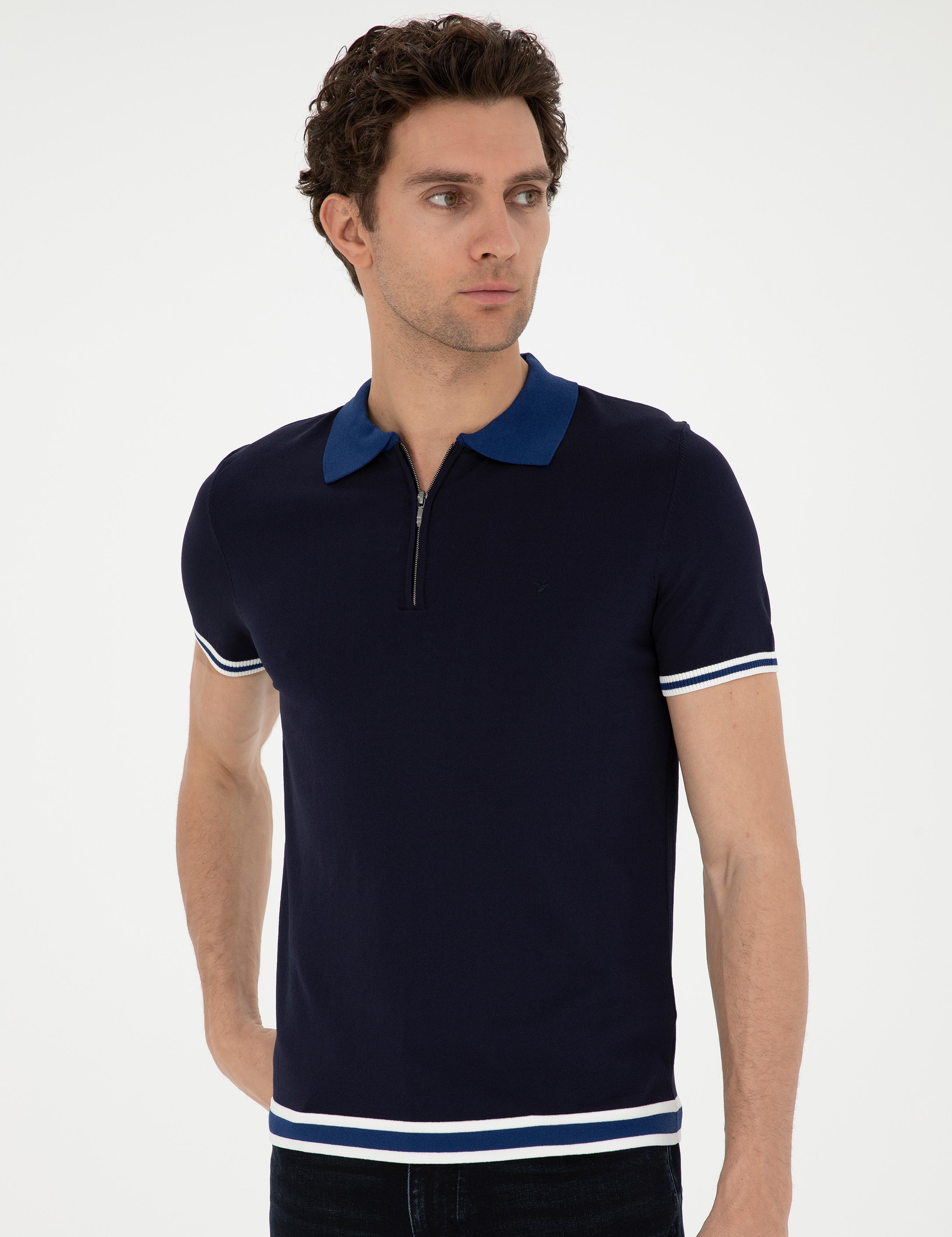 Lacivert Slim Fit Fermuarlı Polo Yaka Triko T-shirt - 50285434097