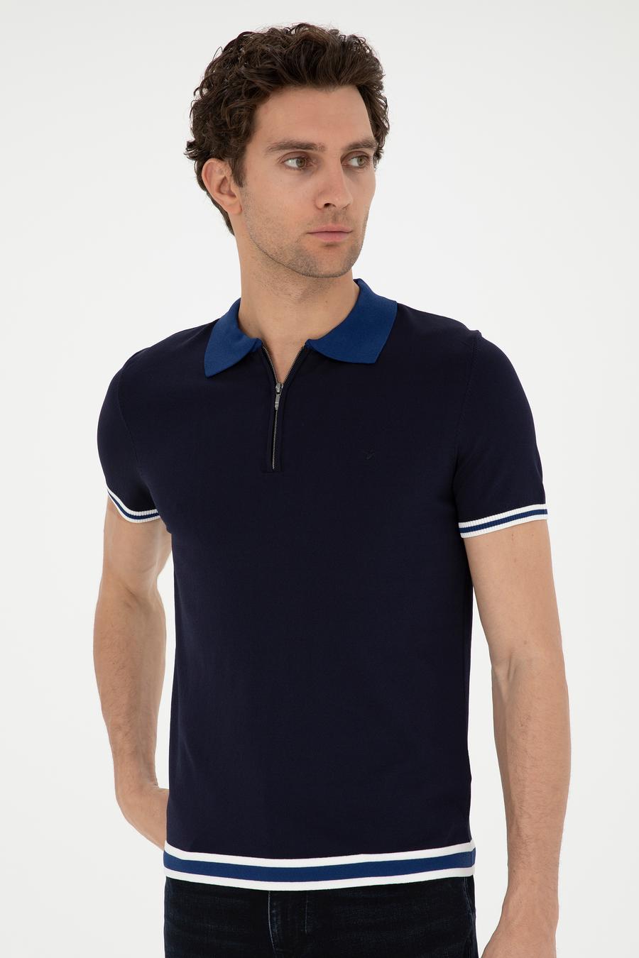 Lacivert Slim Fit Fermuarlı Polo Yaka Triko T-shirt - 50285434097