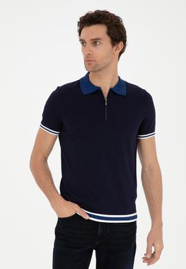 Lacivert Slim Fit Fermuarlı Polo Yaka Triko T-shirt