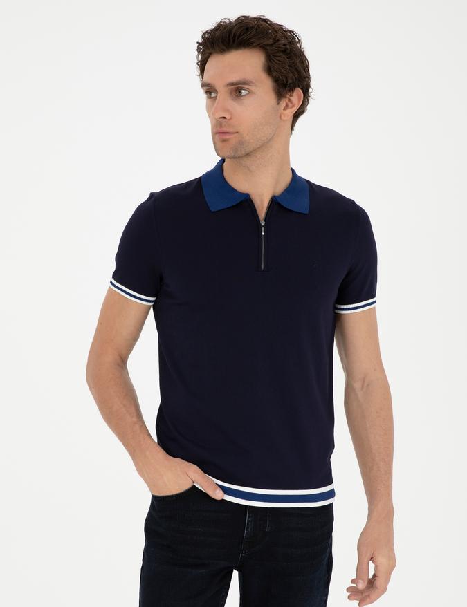 Lacivert Slim Fit Fermuarlı Polo Yaka Triko T-shirt