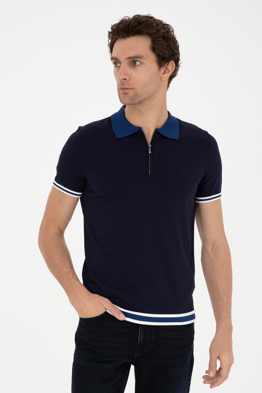Lacivert Slim Fit Fermuarlı Polo Yaka Triko T-shirt - 50285434097