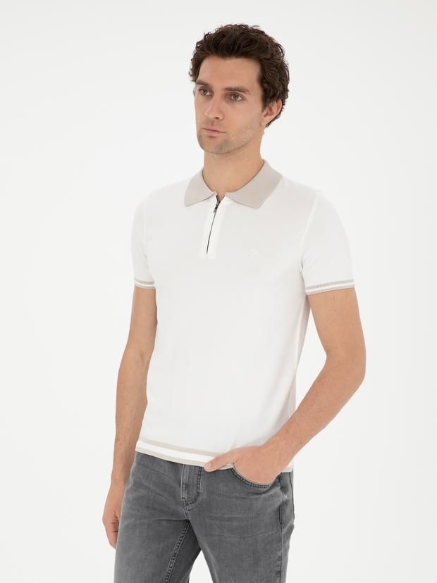 Beyaz Slim Fit Fermuarlı Polo Yaka Triko T-shirt