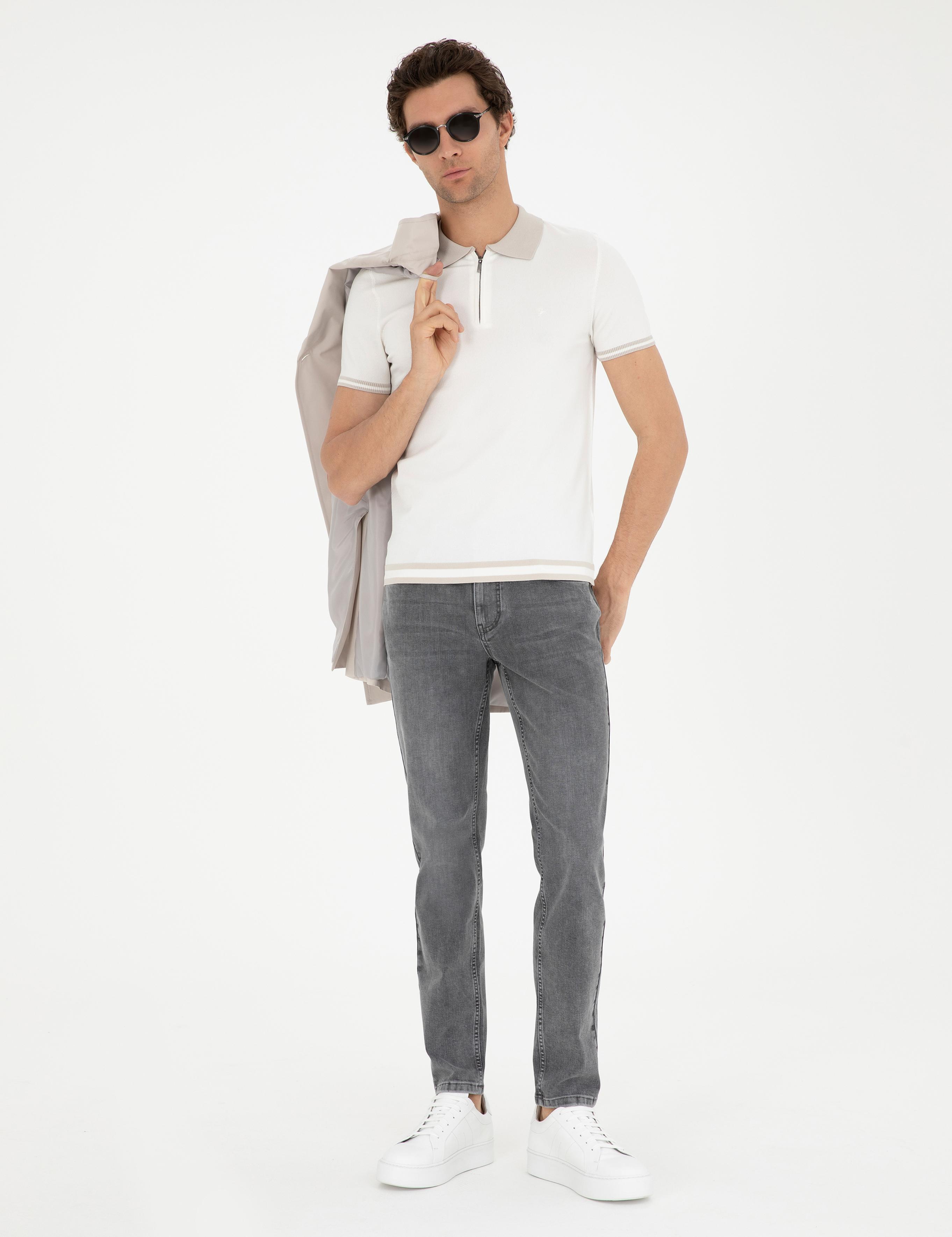 Beyaz Slim Fit Fermuarlı Polo Yaka Triko T-shirt - 50285434091