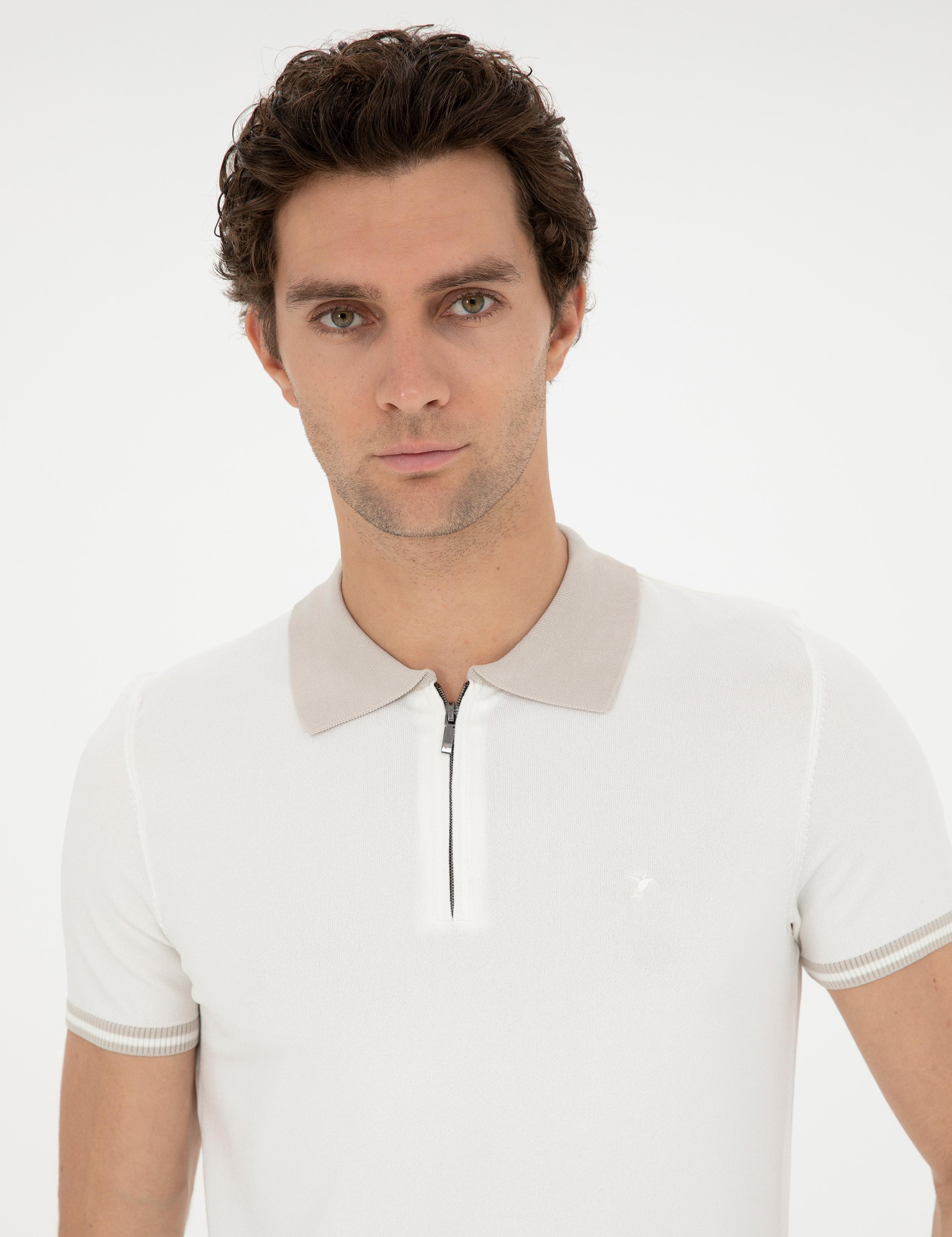 Beyaz Slim Fit Fermuarlı Polo Yaka Triko T-shirt - 50285434091