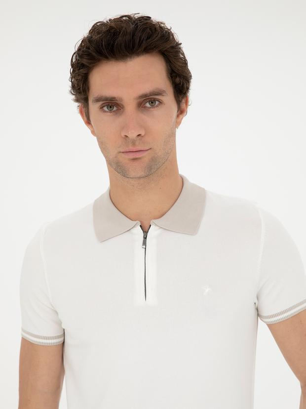 Beyaz Slim Fit Fermuarlı Polo Yaka Triko T-shirt