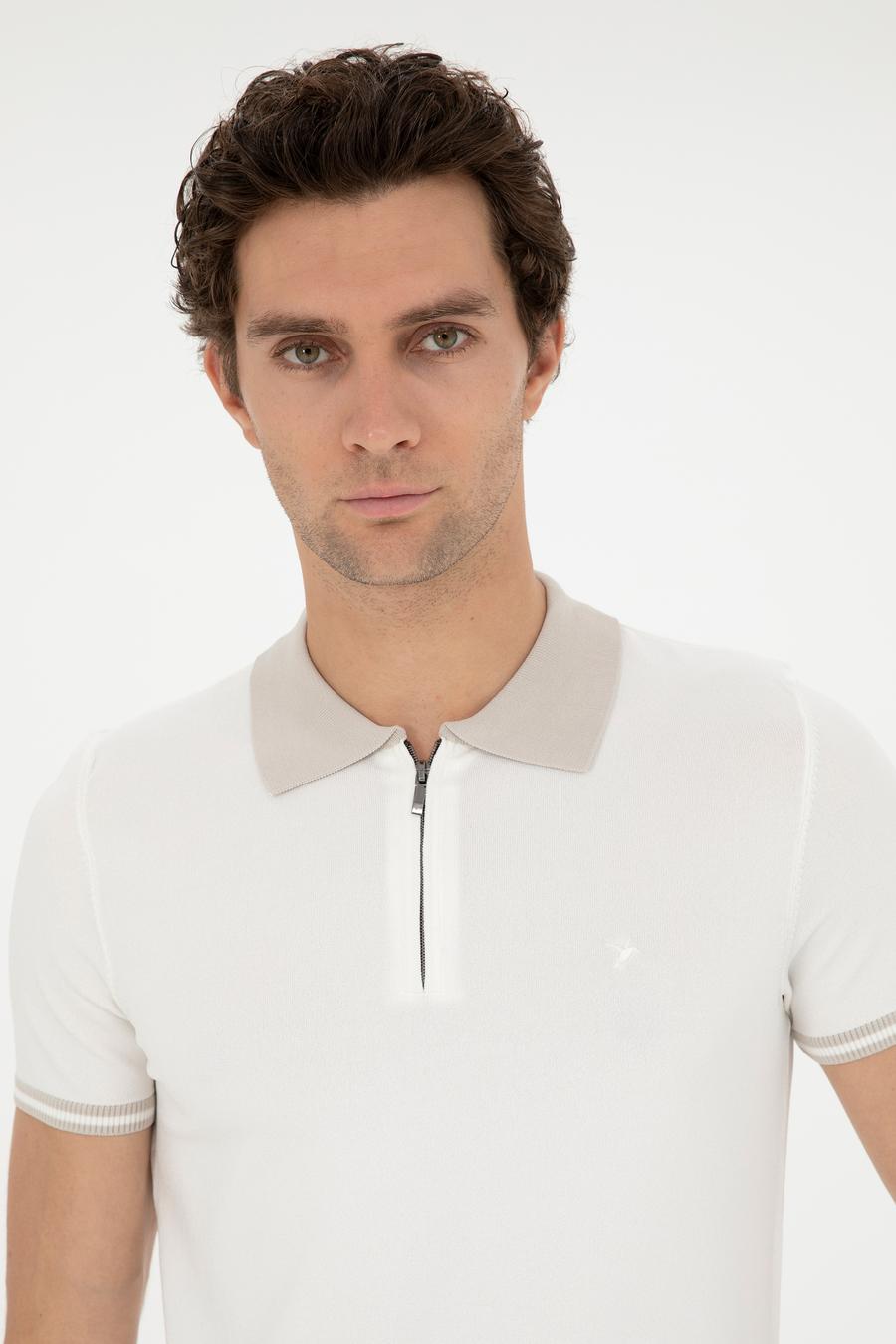 Beyaz Slim Fit Fermuarlı Polo Yaka Triko T-shirt - 50285434091