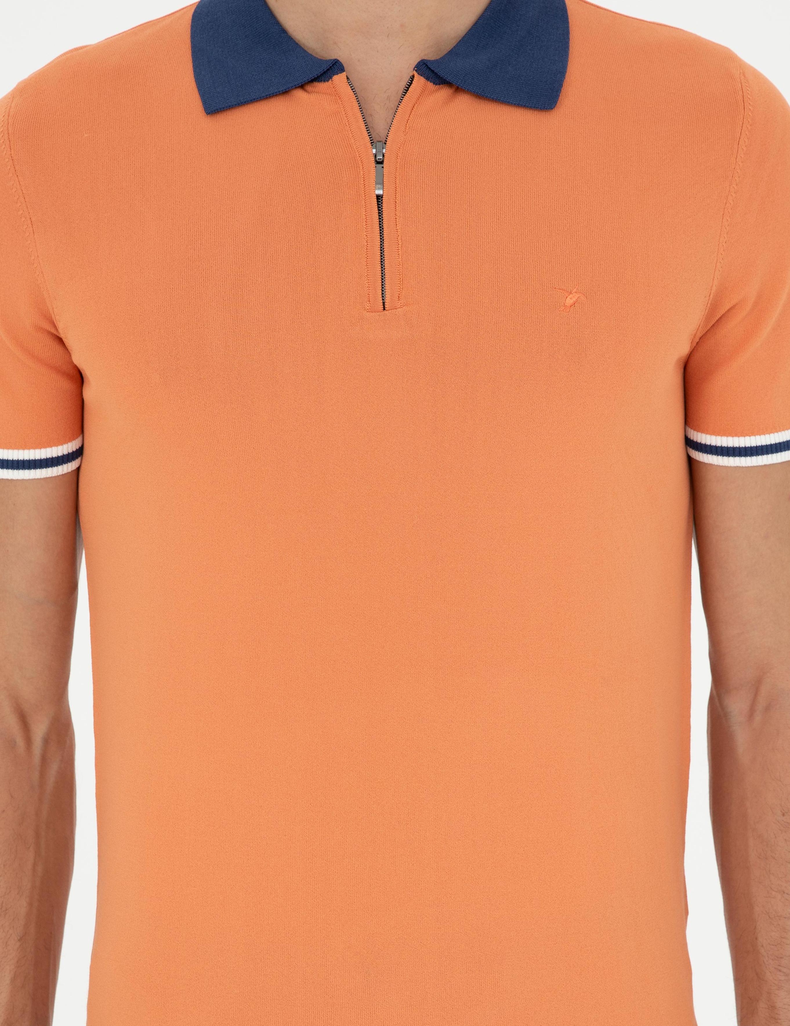 Turuncu Slim Fit Fermuarlı Polo Yaka Triko T-shirt - 50285434053