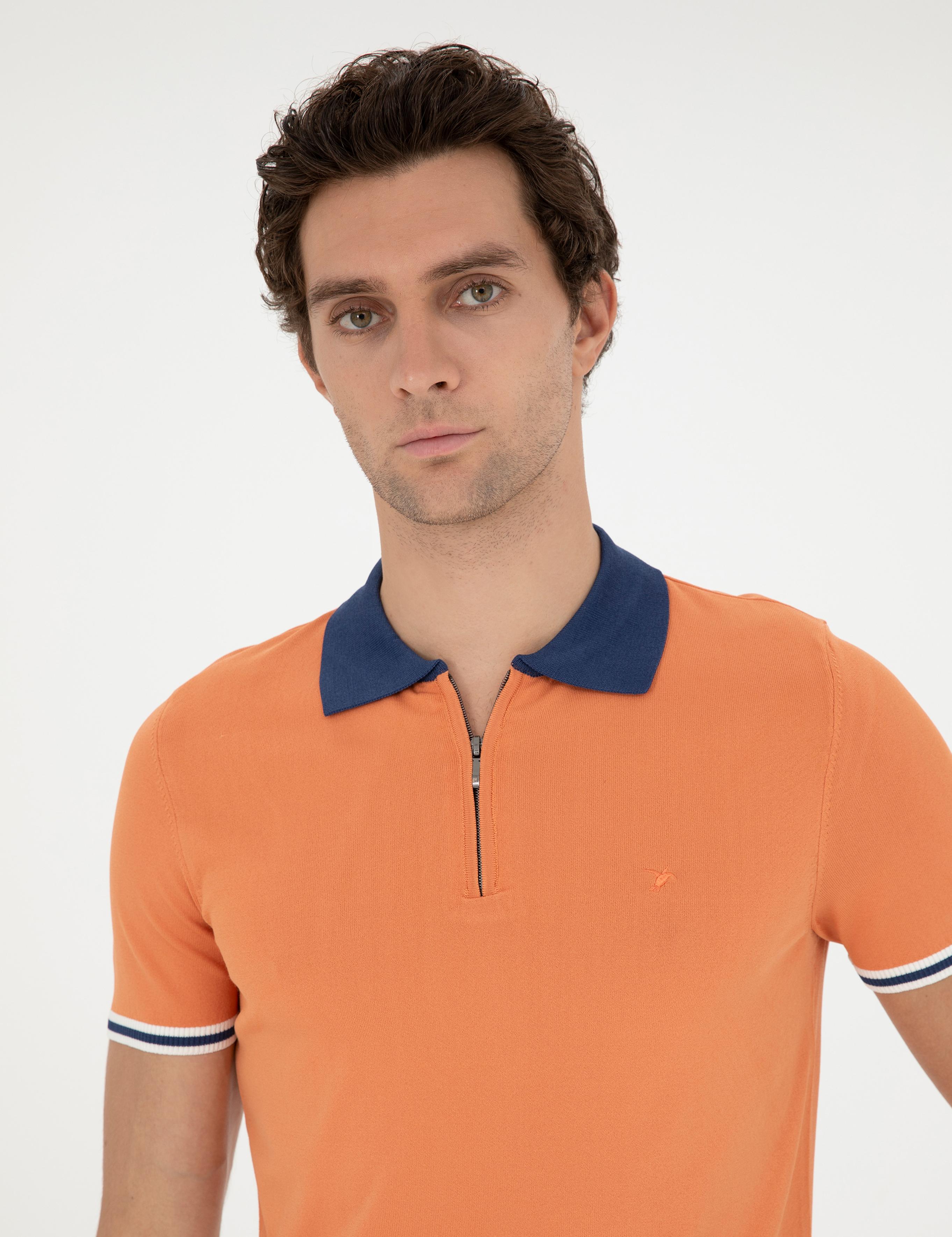 Turuncu Slim Fit Fermuarlı Polo Yaka Triko T-shirt - 50285434053
