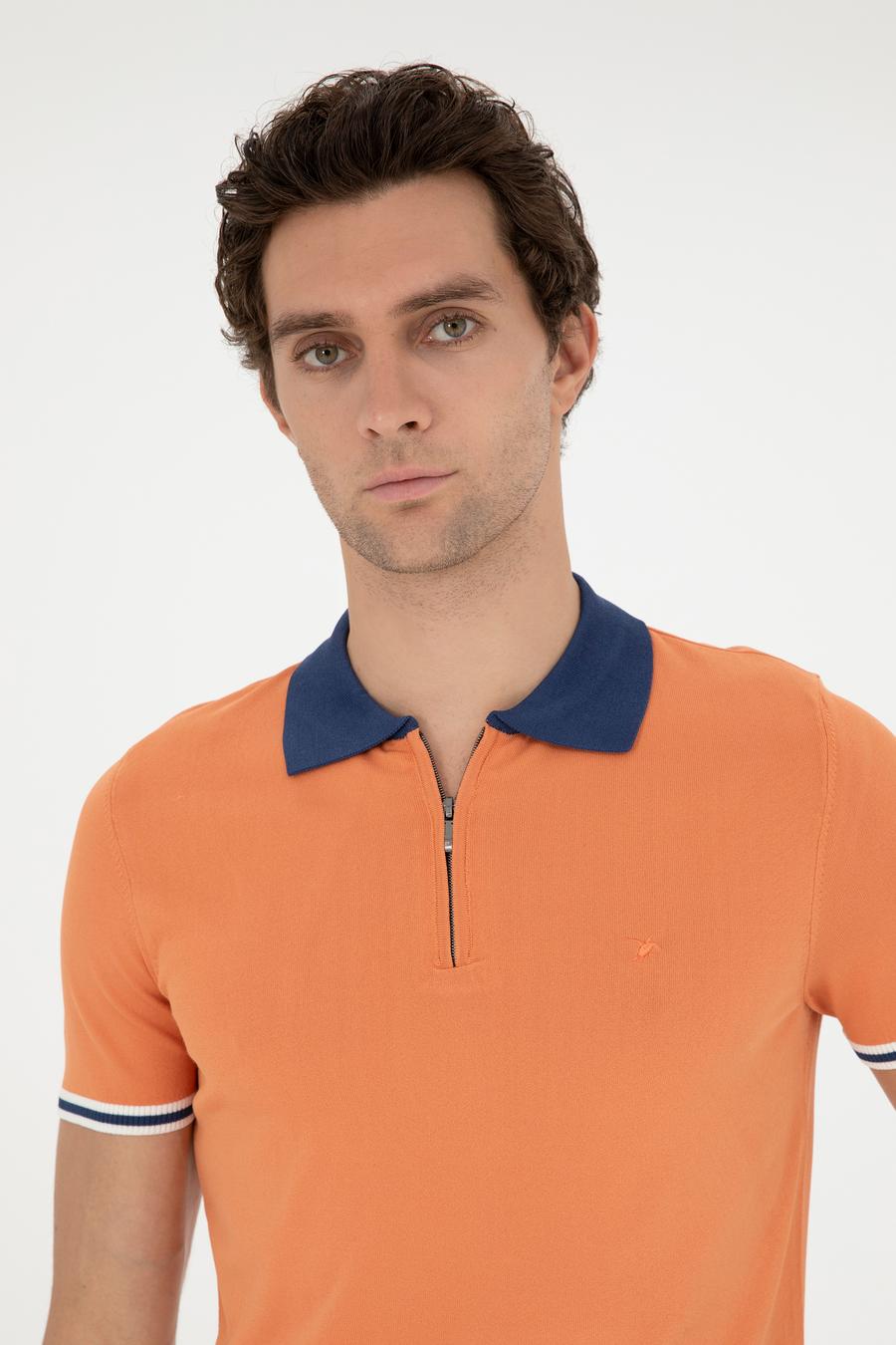 Turuncu Slim Fit Fermuarlı Polo Yaka Triko T-shirt - 50285434053