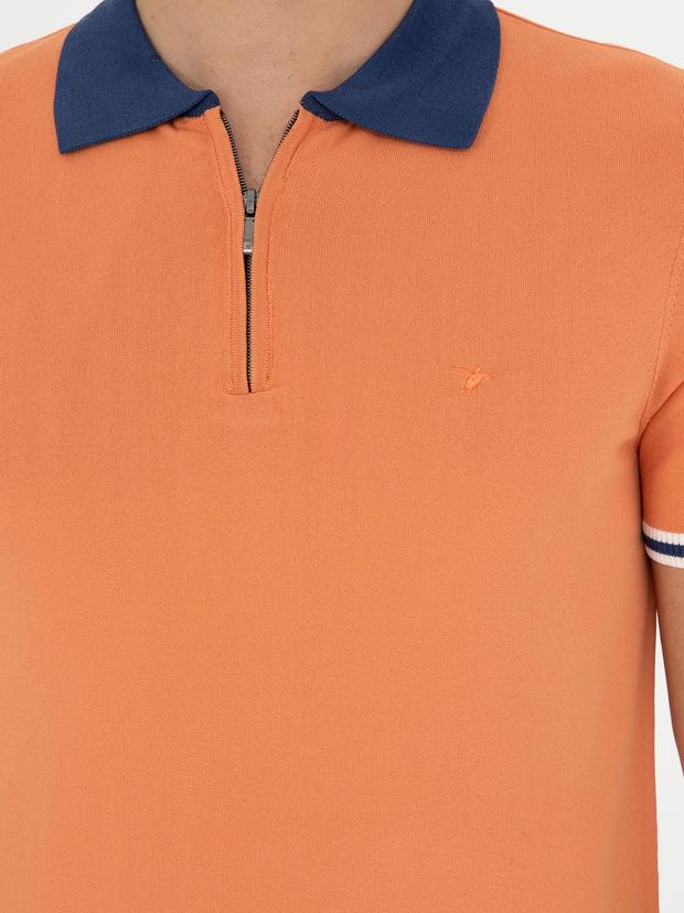 Turuncu Slim Fit Fermuarlı Polo Yaka Triko T-shirt