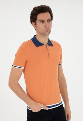 Turuncu Slim Fit Fermuarlı Polo Yaka Triko T-shirt