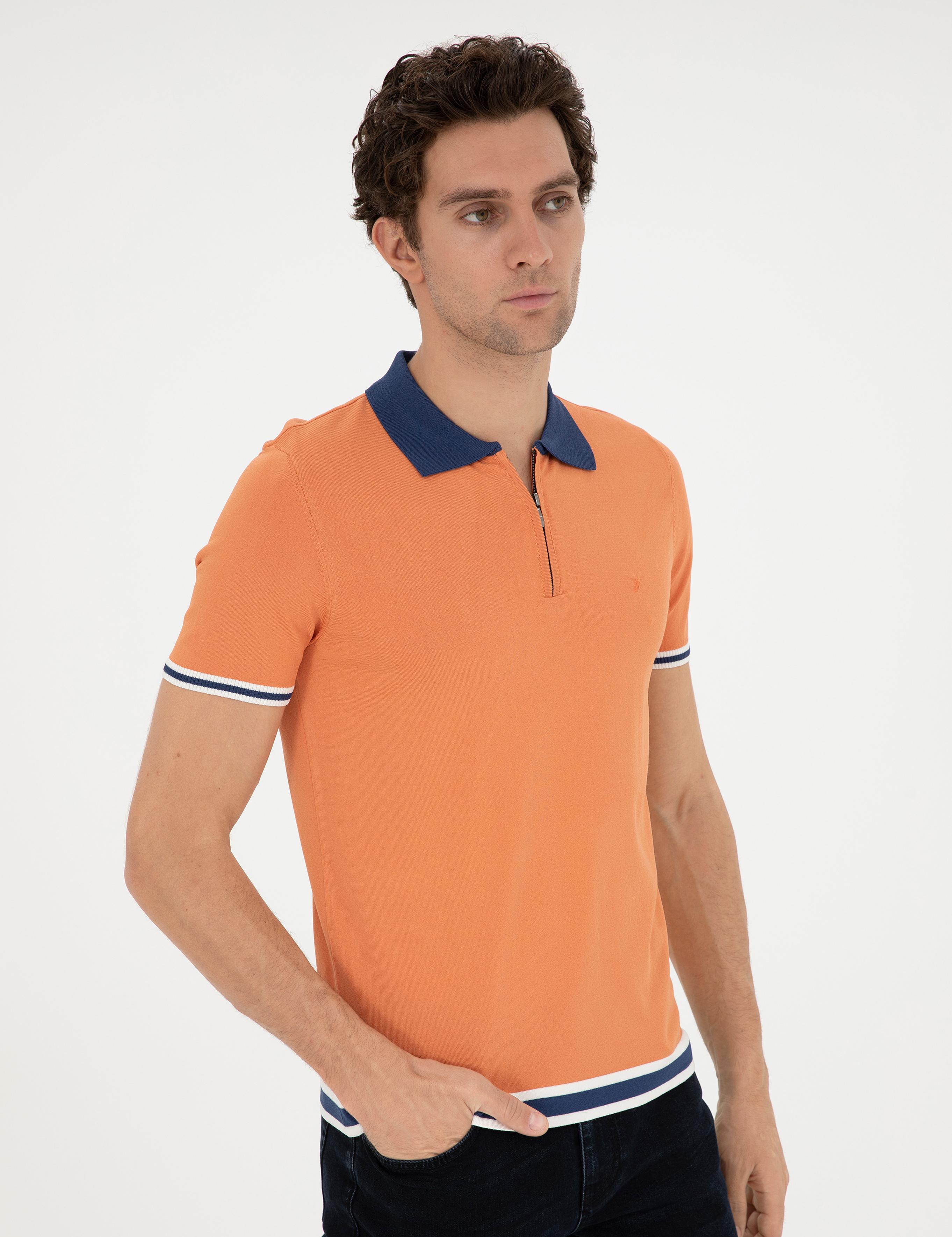Turuncu Slim Fit Fermuarlı Polo Yaka Triko T-shirt - 50285434053
