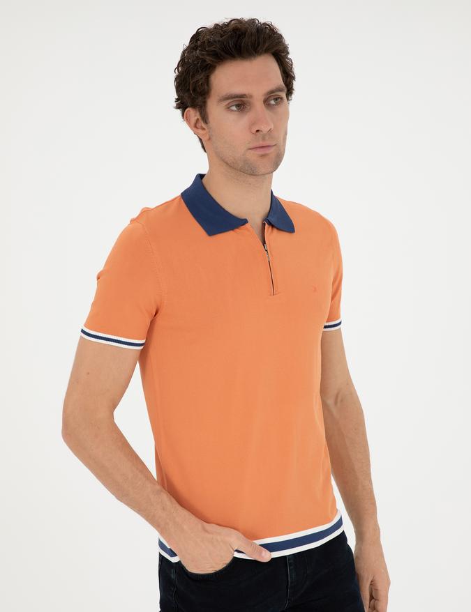 Turuncu Slim Fit Fermuarlı Polo Yaka Triko T-shirt