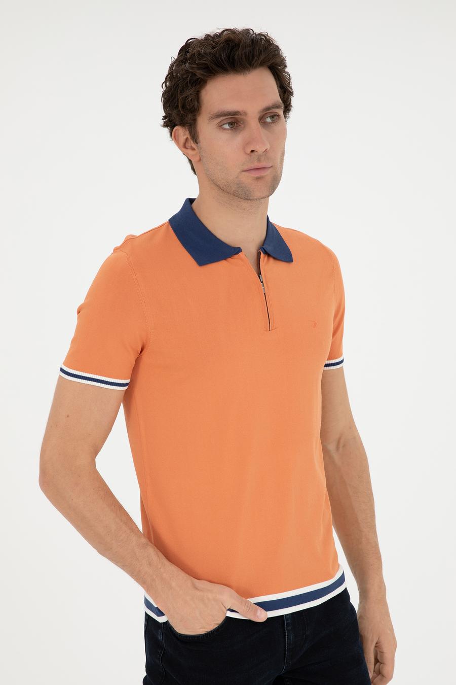 Turuncu Slim Fit Fermuarlı Polo Yaka Triko T-shirt - 50285434053