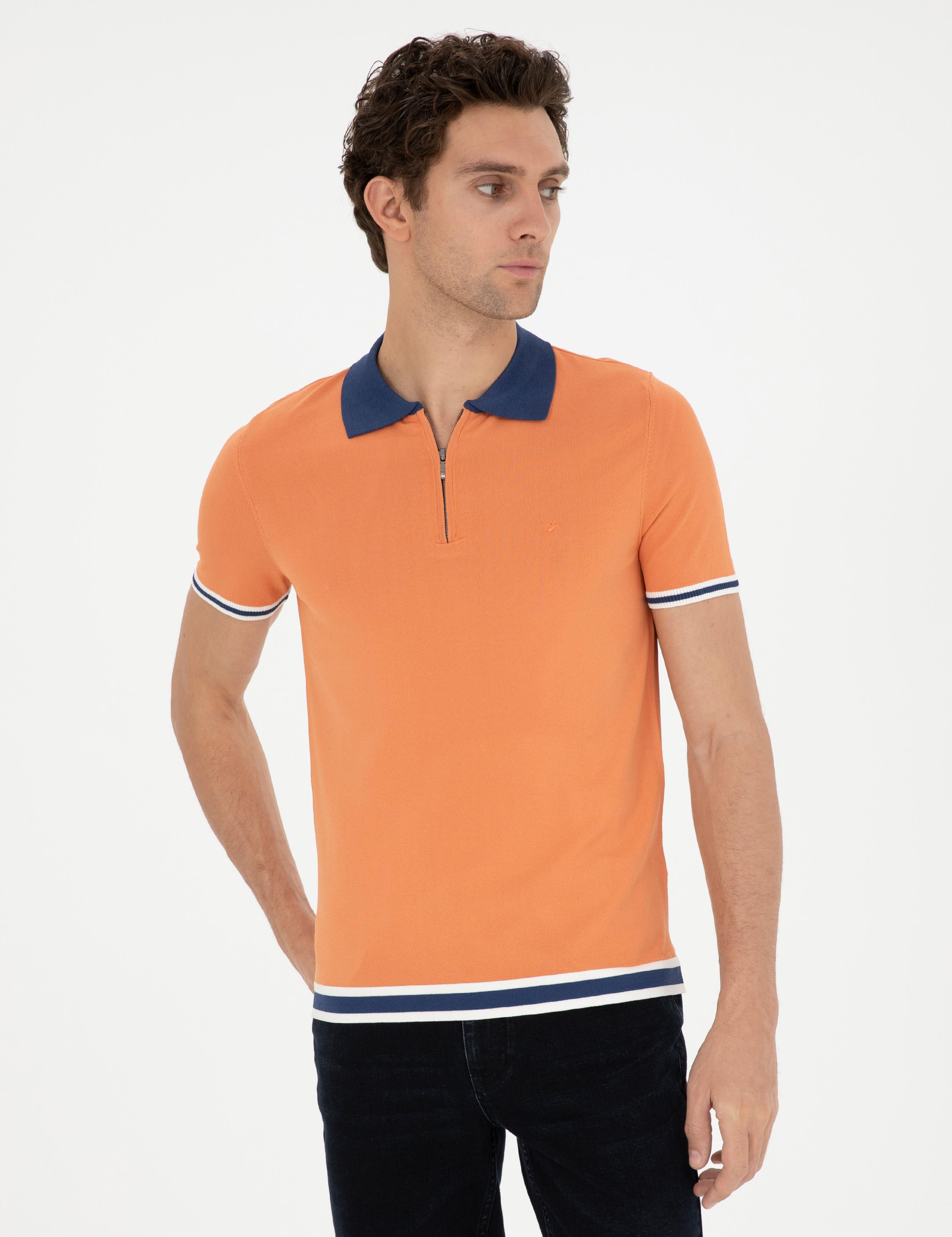 Turuncu Slim Fit Fermuarlı Polo Yaka Triko T-shirt - 50285434053