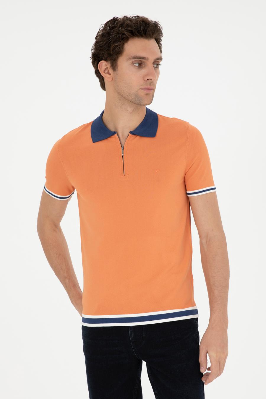 Turuncu Slim Fit Fermuarlı Polo Yaka Triko T-shirt - 50285434053