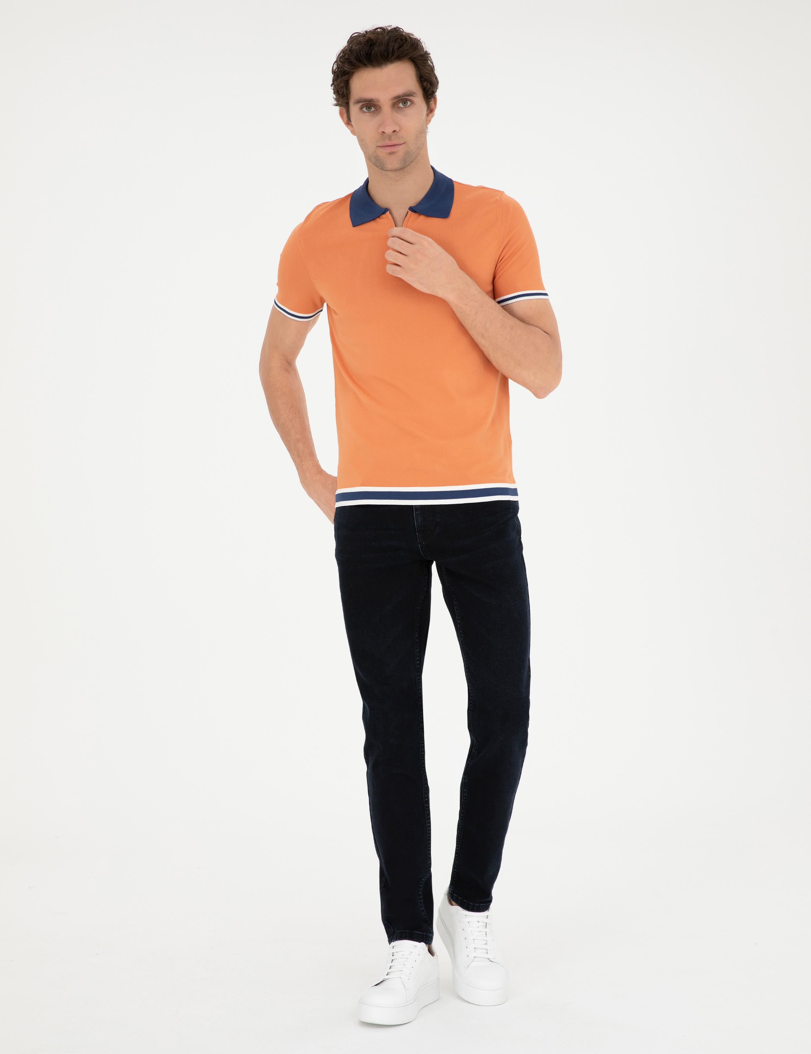 Turuncu Slim Fit Fermuarlı Polo Yaka Triko T-shirt - 50285434053