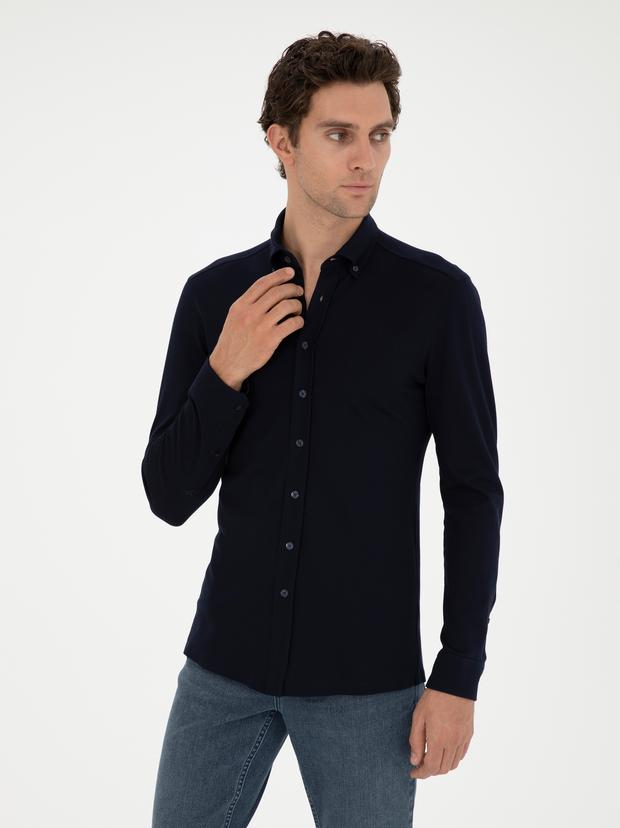 Lacivert Slim Fit Pamuk Karışımlı Gömlek