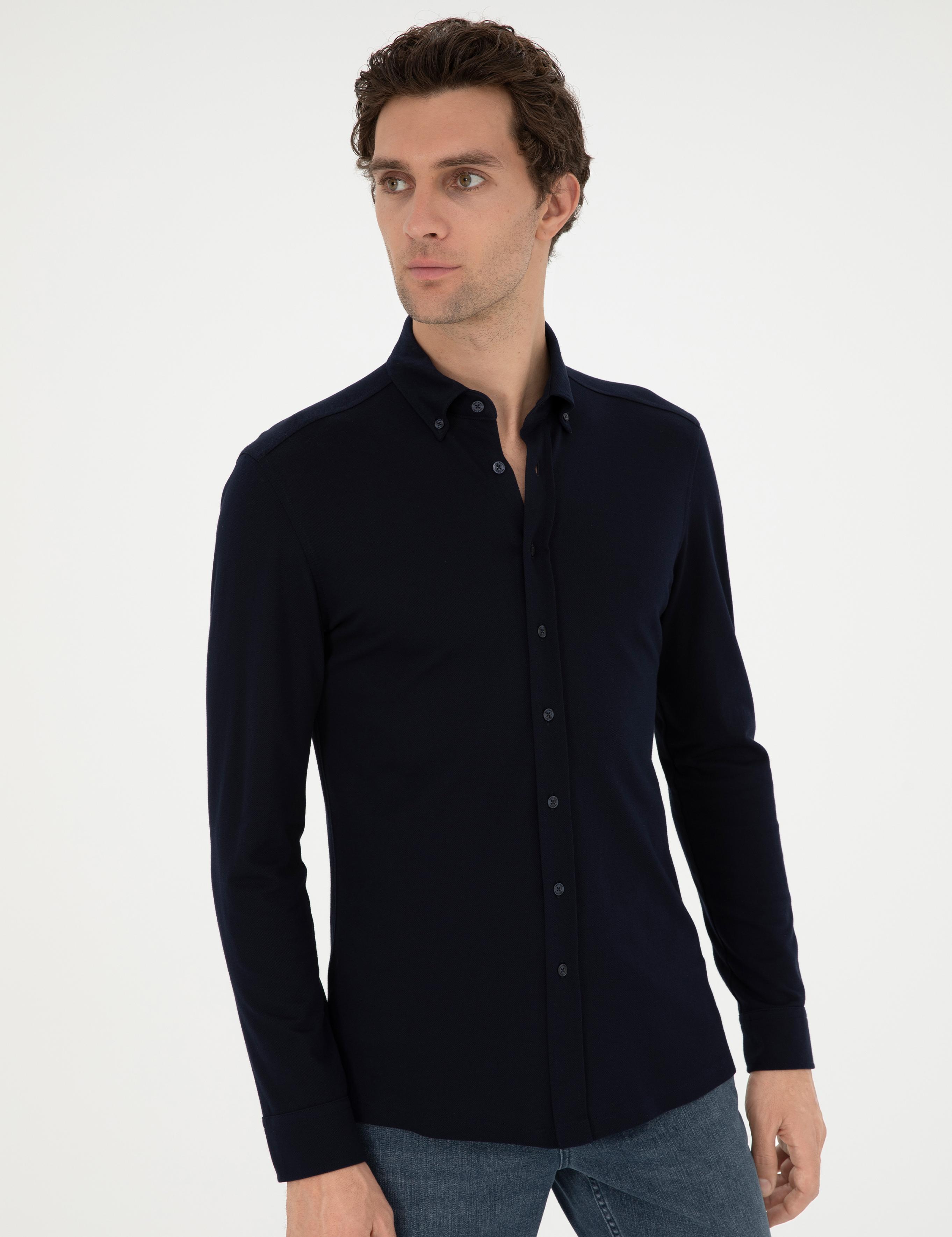 Lacivert Slim Fit Pamuk Karışımlı Gömlek - 50287865052