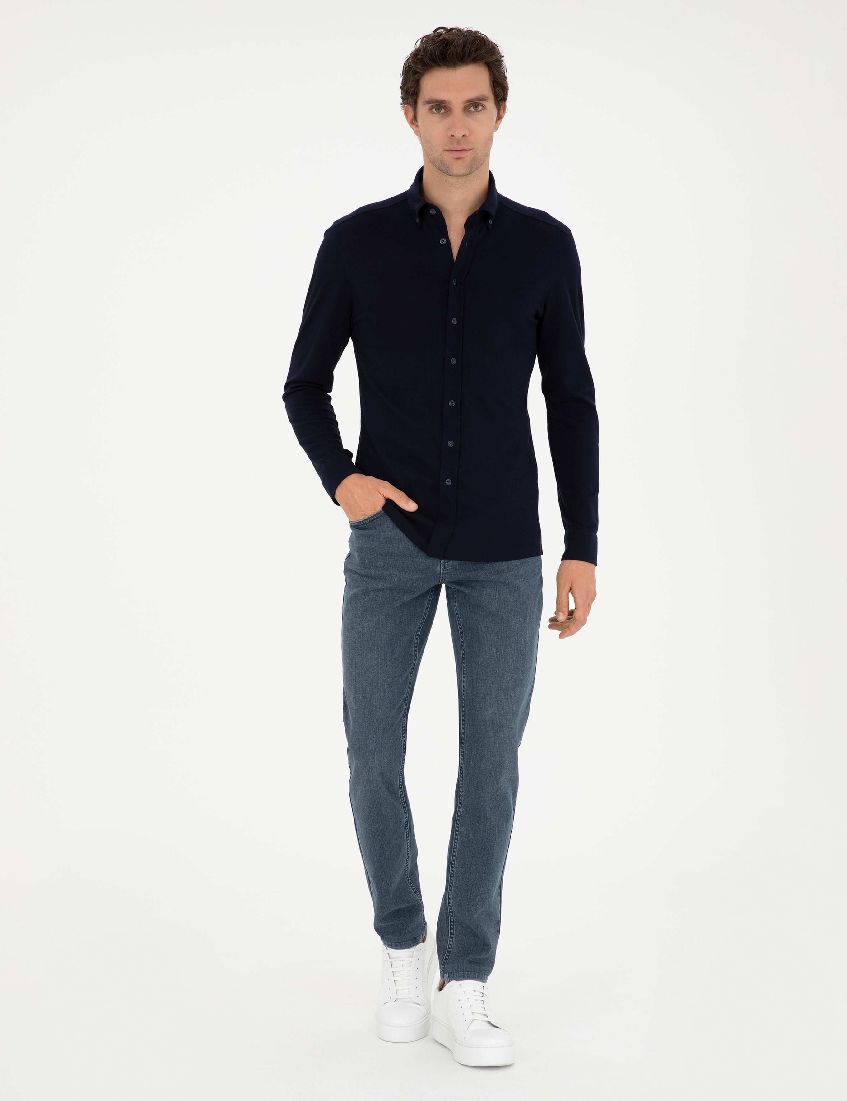 Lacivert Slim Fit Pamuk Karışımlı Gömlek - 50287865052