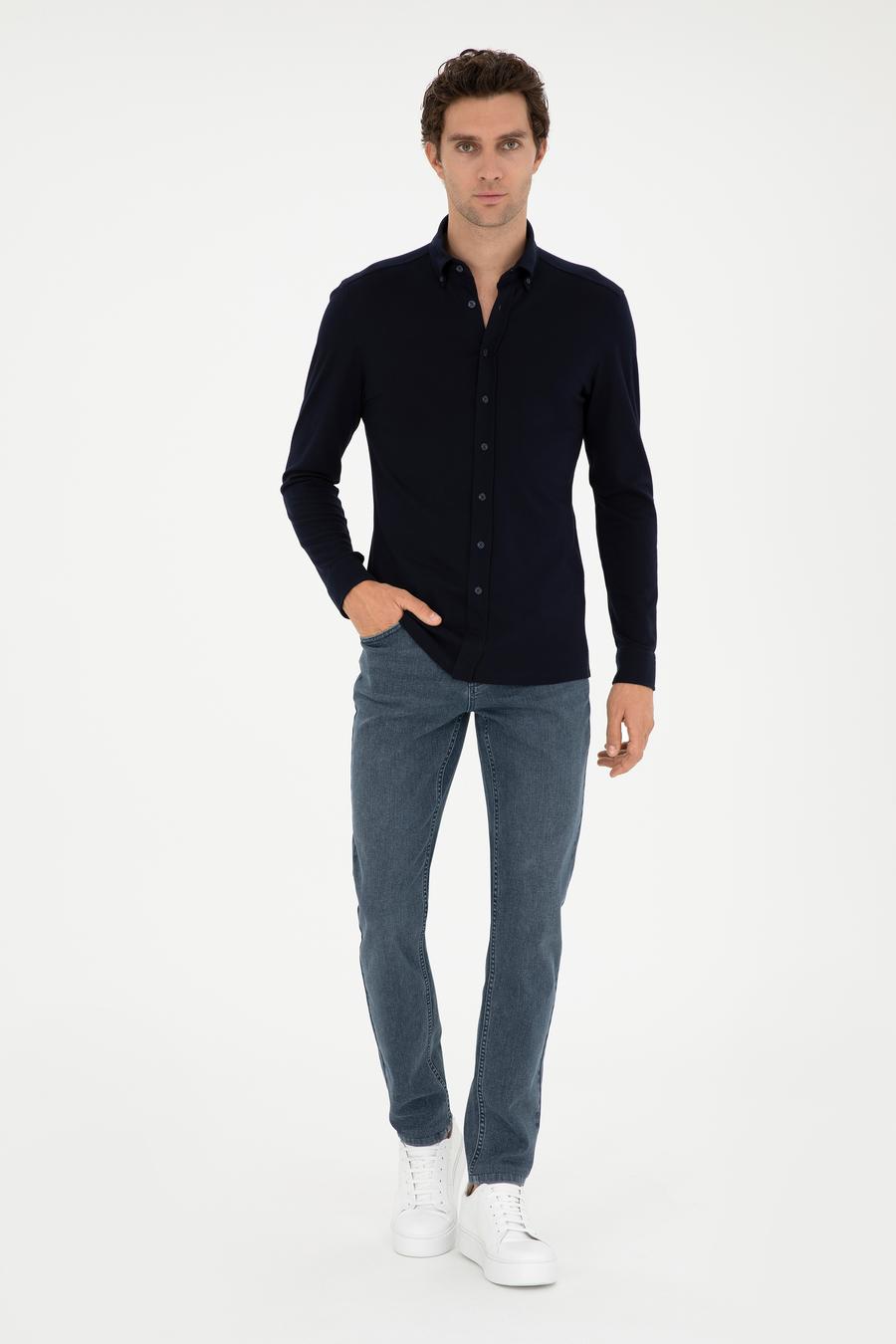 Lacivert Slim Fit Pamuk Karışımlı Gömlek - 50287865052