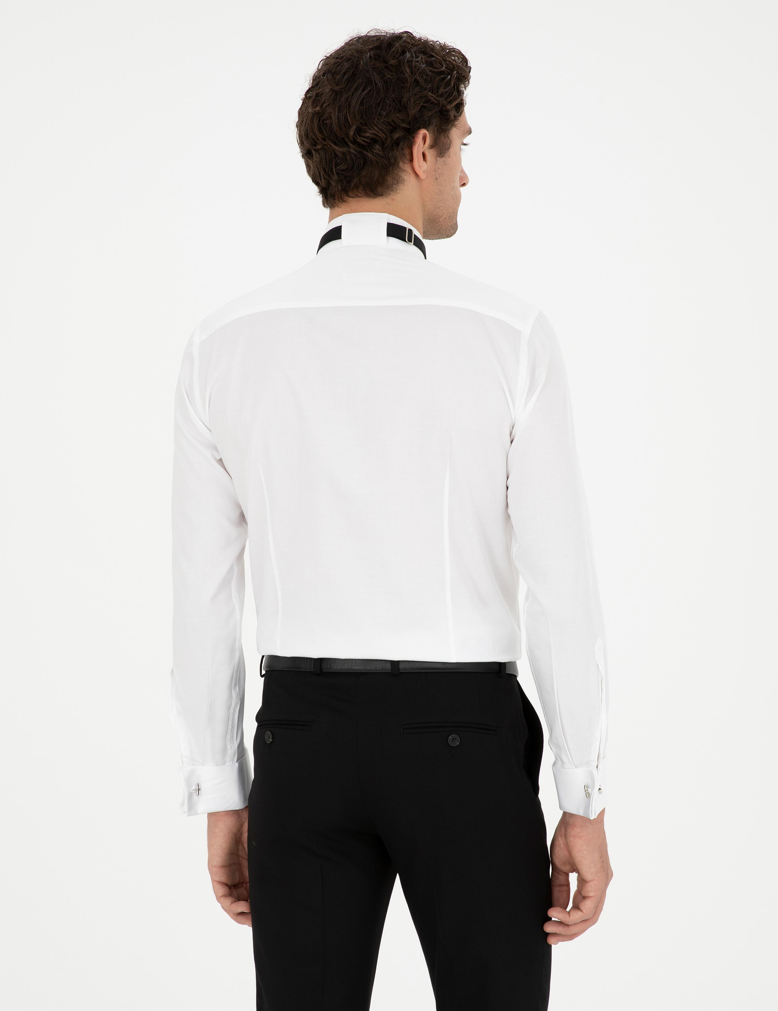 Beyaz Slim Fit Manşetli Pamuk Karışımlı Smokin Gömlek - 50287297005