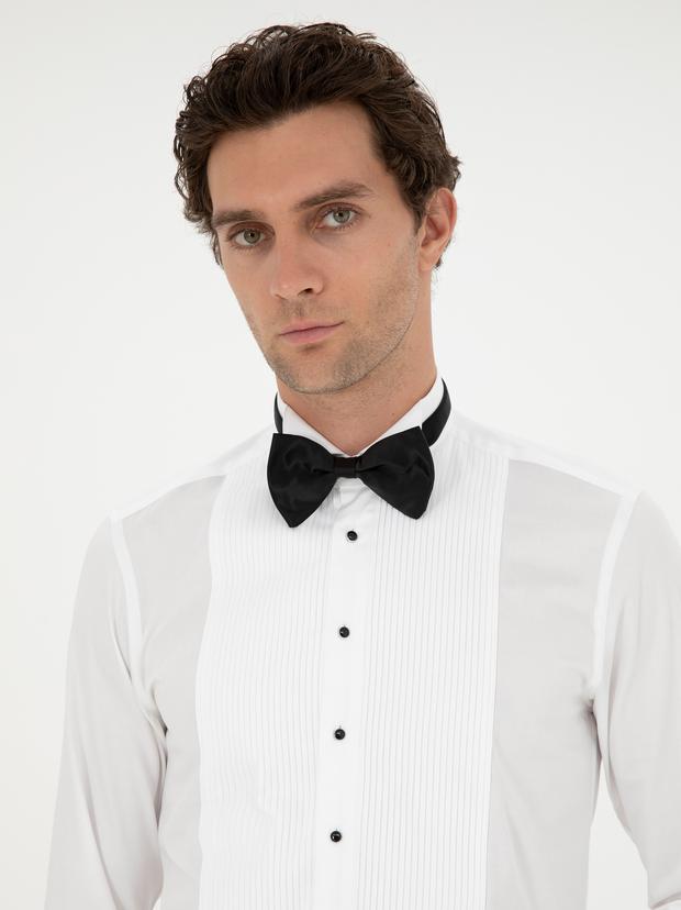 Beyaz Slim Fit Manşetli Pamuk Karışımlı Smokin Gömlek