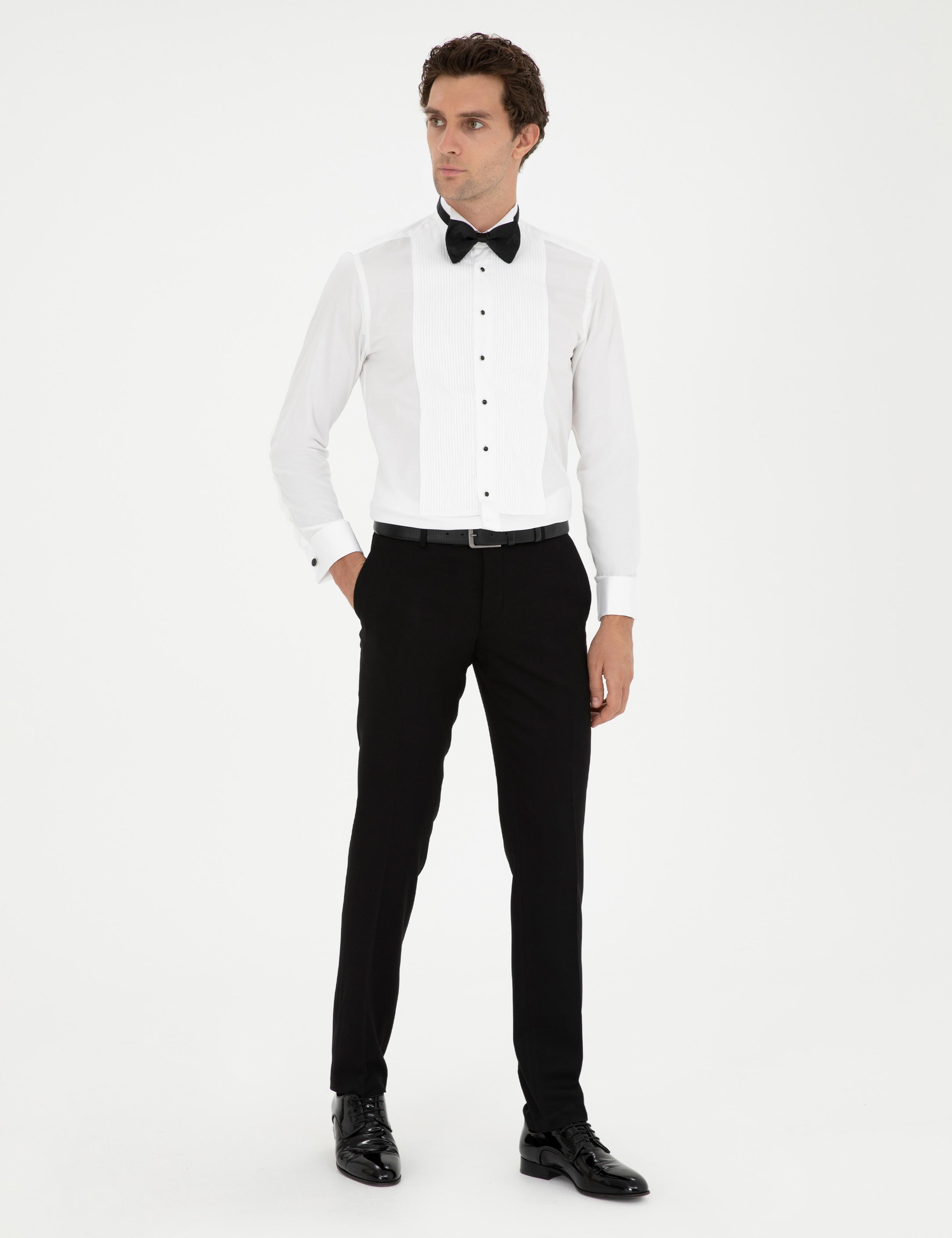 Beyaz Slim Fit Manşetli Pamuk Karışımlı Smokin Gömlek - 50287297005