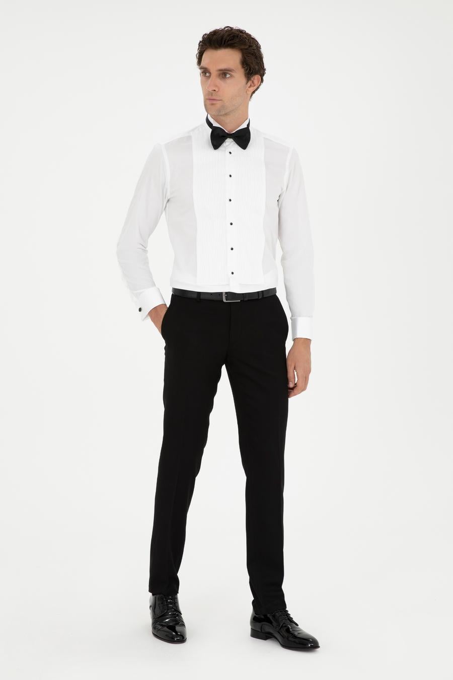 Beyaz Slim Fit Manşetli Pamuk Karışımlı Smokin Gömlek - 50287297005