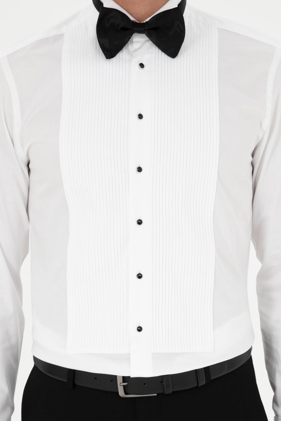 Beyaz Slim Fit Manşetli Pamuk Karışımlı Smokin Gömlek - 50287297005