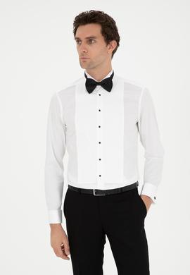 Beyaz Slim Fit Manşetli Pamuk Karışımlı Smokin Gömlek