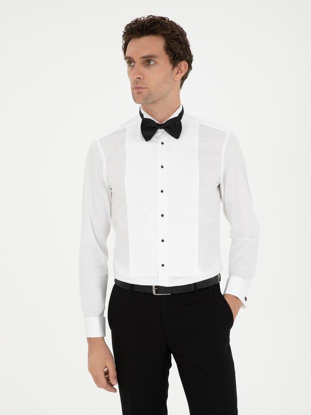 Beyaz Slim Fit Manşetli Pamuk Karışımlı Smokin Gömlek
