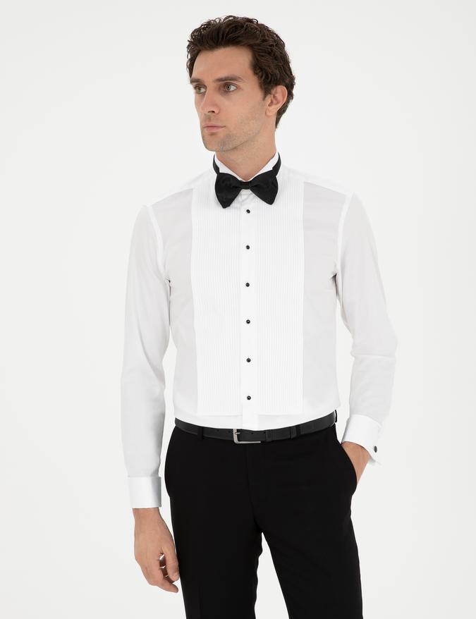 Beyaz Slim Fit Manşetli Pamuk Karışımlı Smokin Gömlek