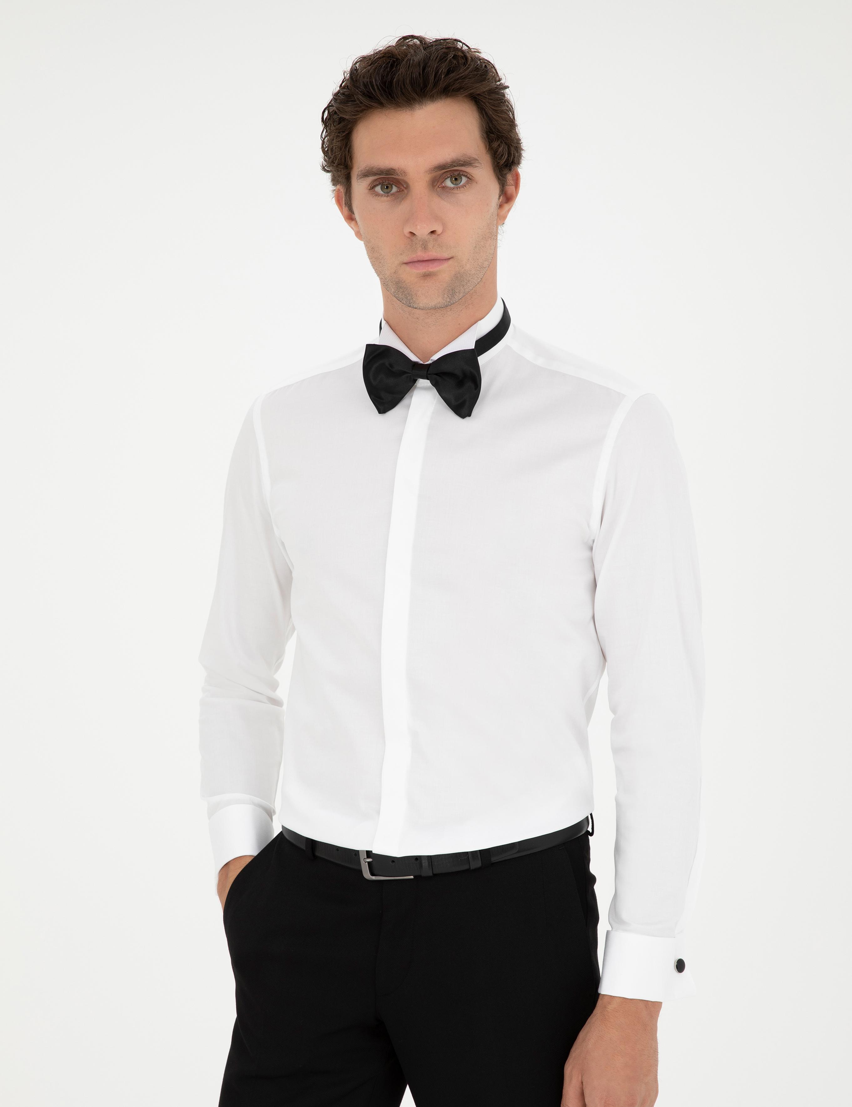 Beyaz Slim Fit Pamuk Karışımlı Manşetli Smokin Gömlek - 50287298010