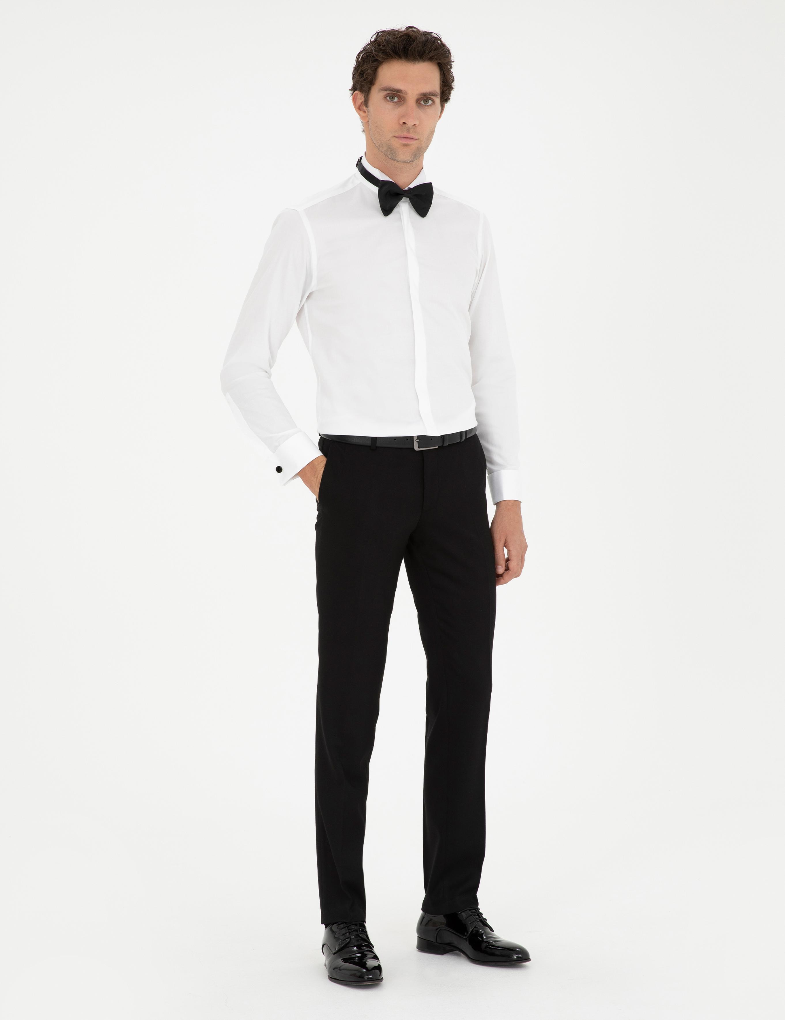 Beyaz Slim Fit Pamuk Karışımlı Manşetli Smokin Gömlek - 50287298010