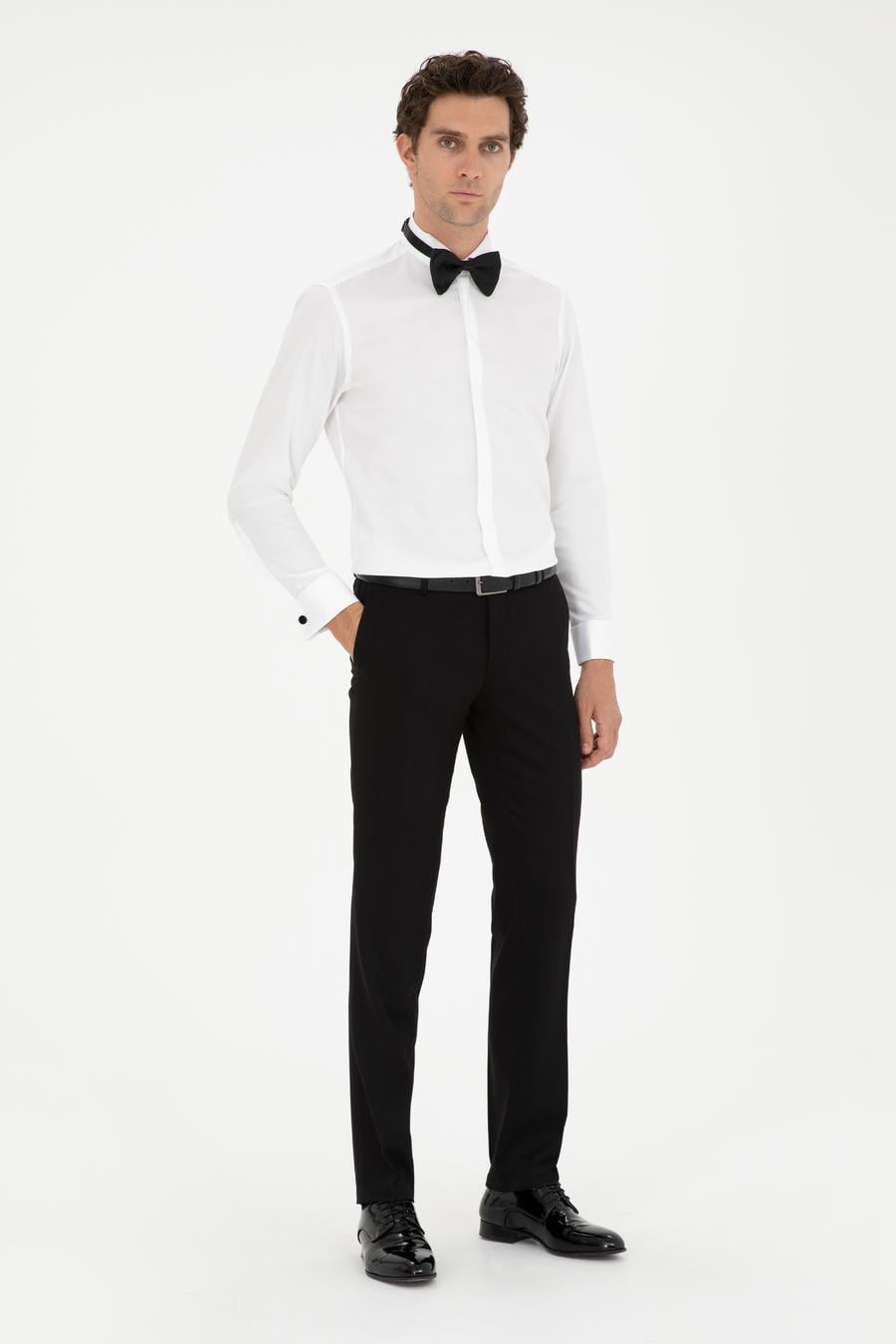 Beyaz Slim Fit Pamuk Karışımlı Manşetli Smokin Gömlek - 50287298010