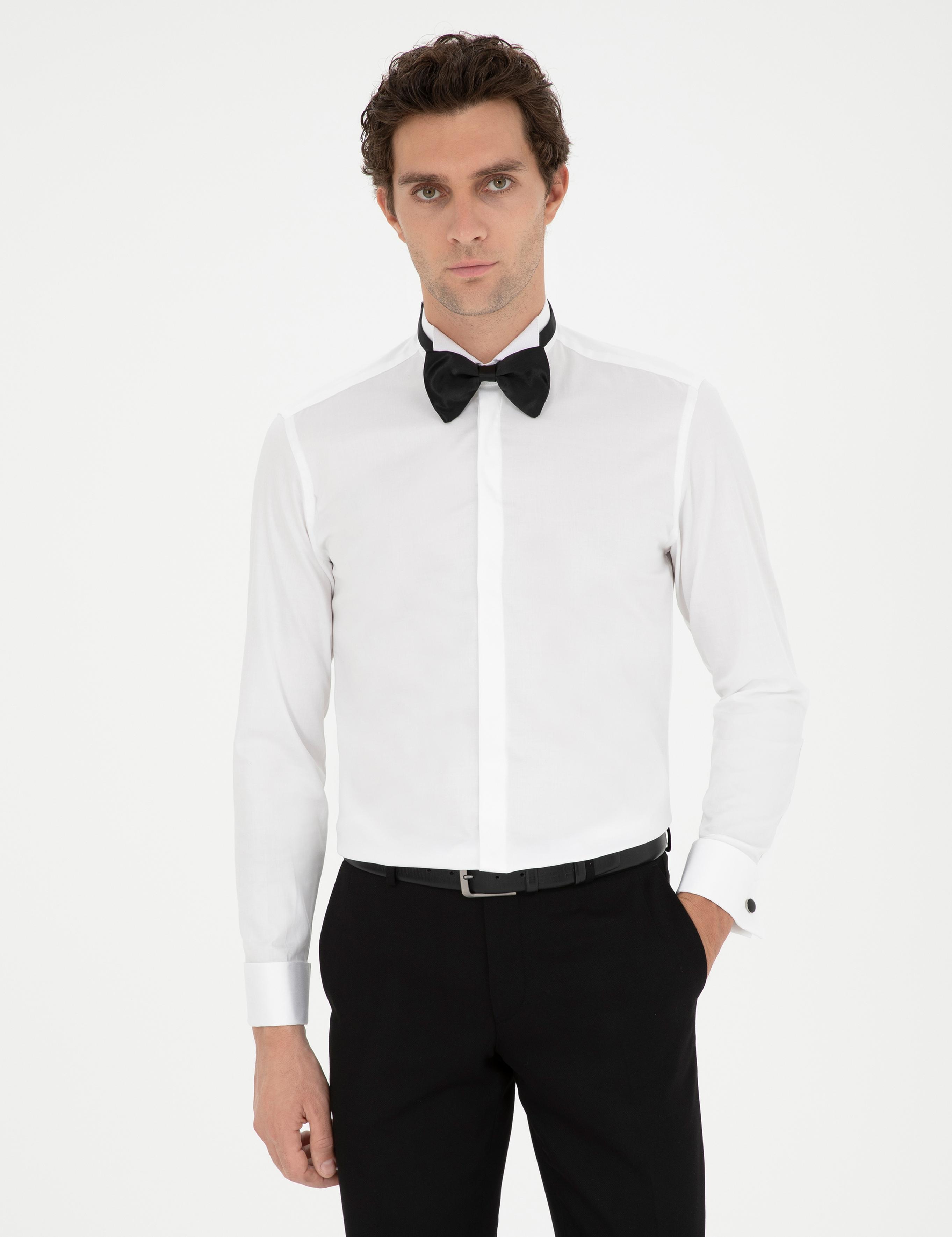Beyaz Slim Fit Pamuk Karışımlı Manşetli Smokin Gömlek - 50287298010