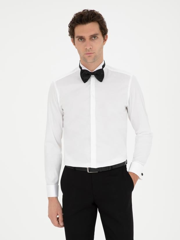 Beyaz Slim Fit Pamuk Karışımlı Manşetli Smokin Gömlek