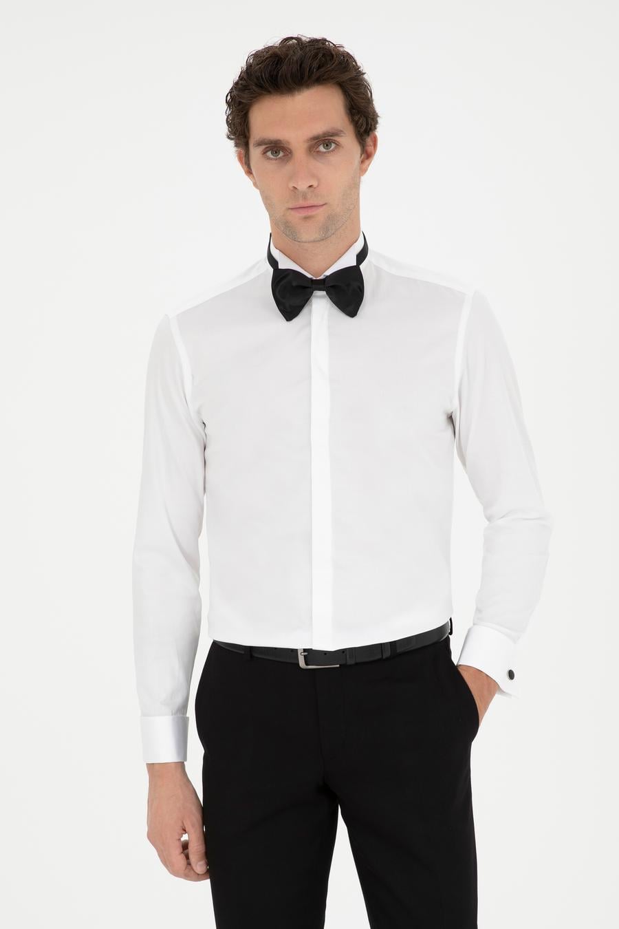 Beyaz Slim Fit Pamuk Karışımlı Manşetli Smokin Gömlek - 50287298010