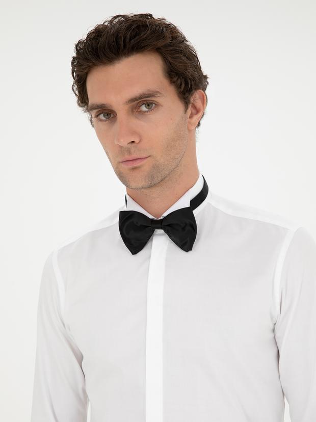 Beyaz Slim Fit Pamuk Karışımlı Manşetli Smokin Gömlek