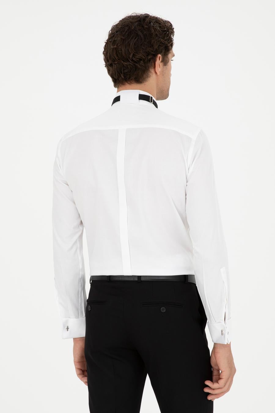 Beyaz Slim Fit Pamuk Karışımlı Manşetli Smokin Gömlek - 50287298010