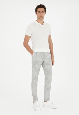 Açık Gri Dad Fit Çizgili Keten Karışımlı Pantolon