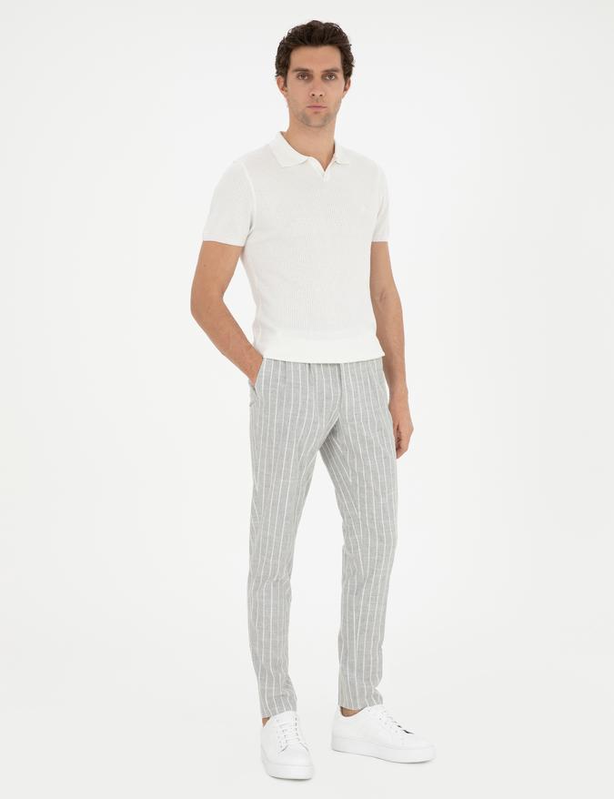 Açık Gri Dad Fit Çizgili Keten Karışımlı Pantolon