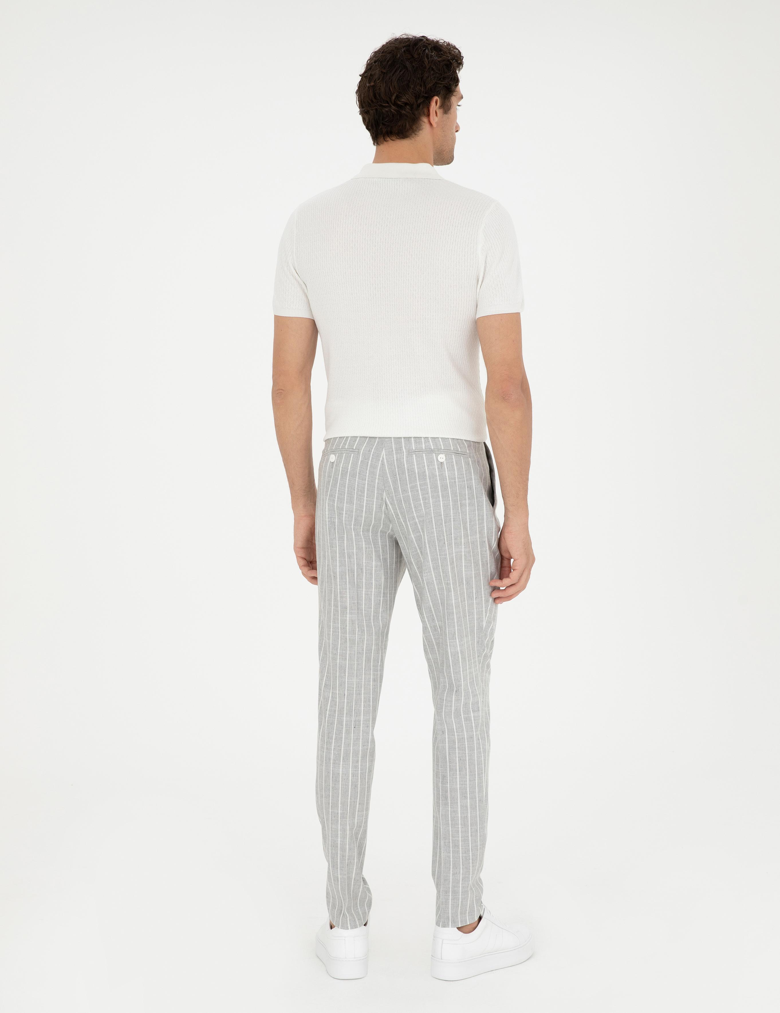 Açık Gri Dad Fit Çizgili Keten Karışımlı Pantolon - 50284601003
