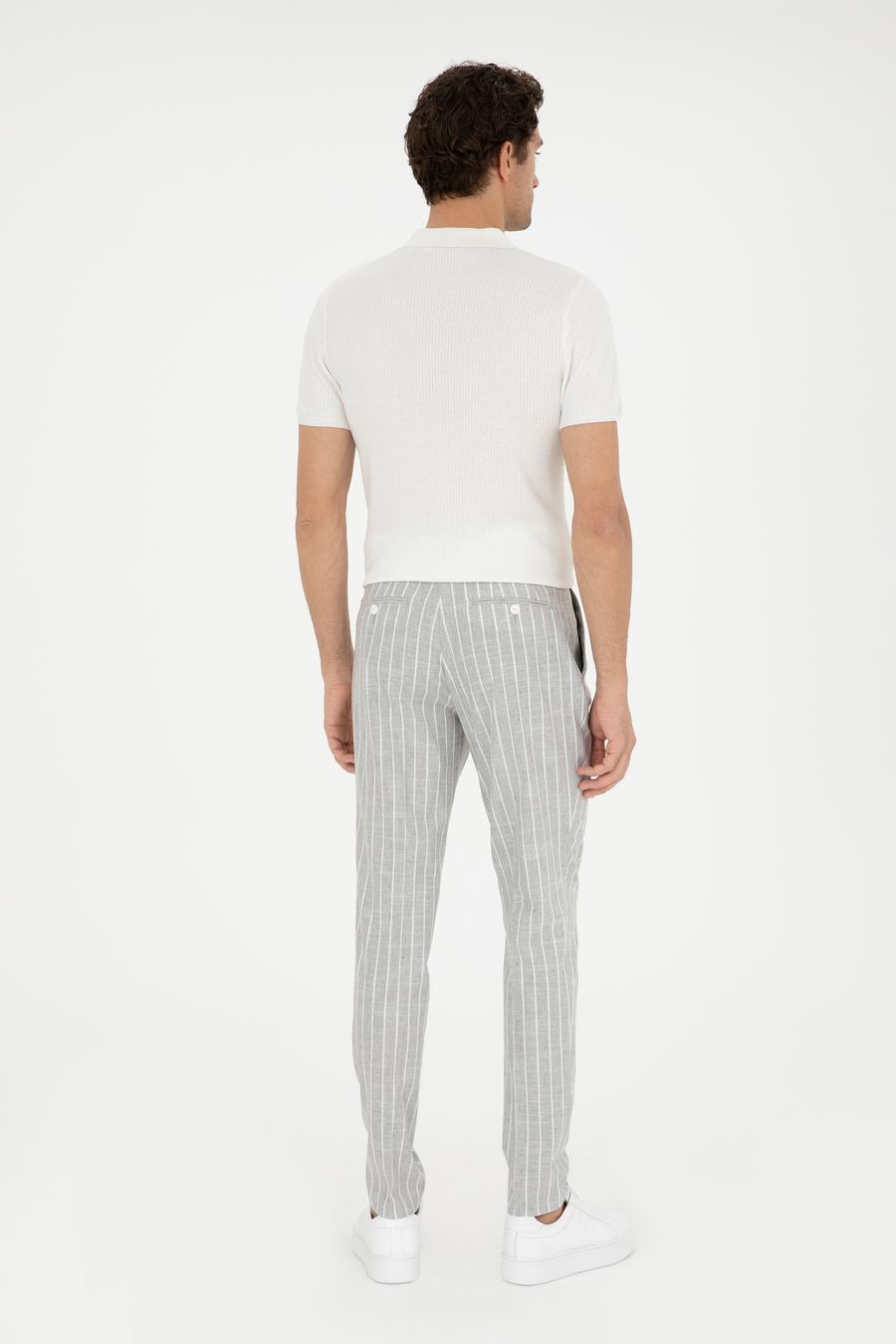 Açık Gri Dad Fit Çizgili Keten Karışımlı Pantolon - 50284601003