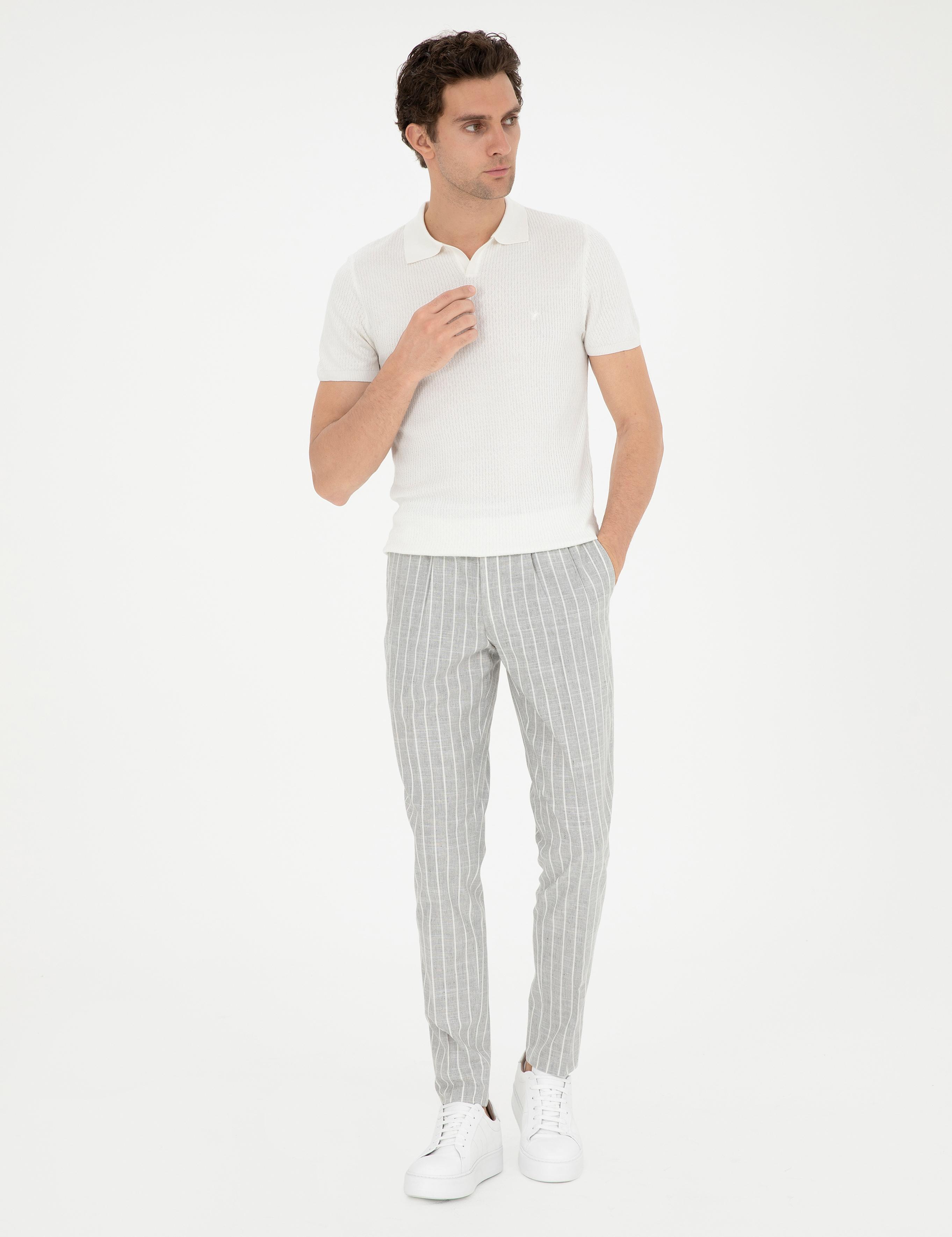 Açık Gri Dad Fit Çizgili Keten Karışımlı Pantolon - 50284601003