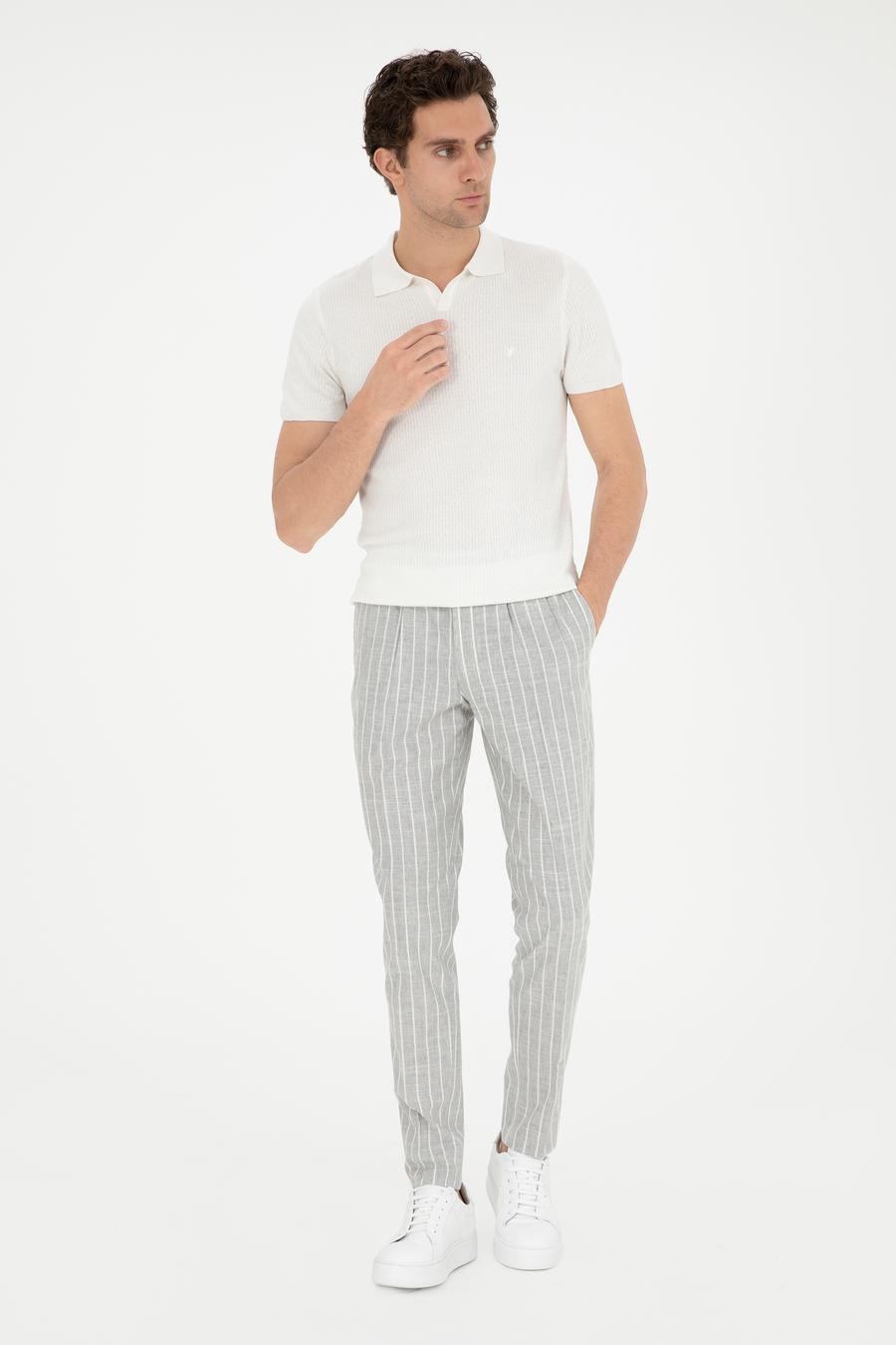 Açık Gri Dad Fit Çizgili Keten Karışımlı Pantolon - 50284601003