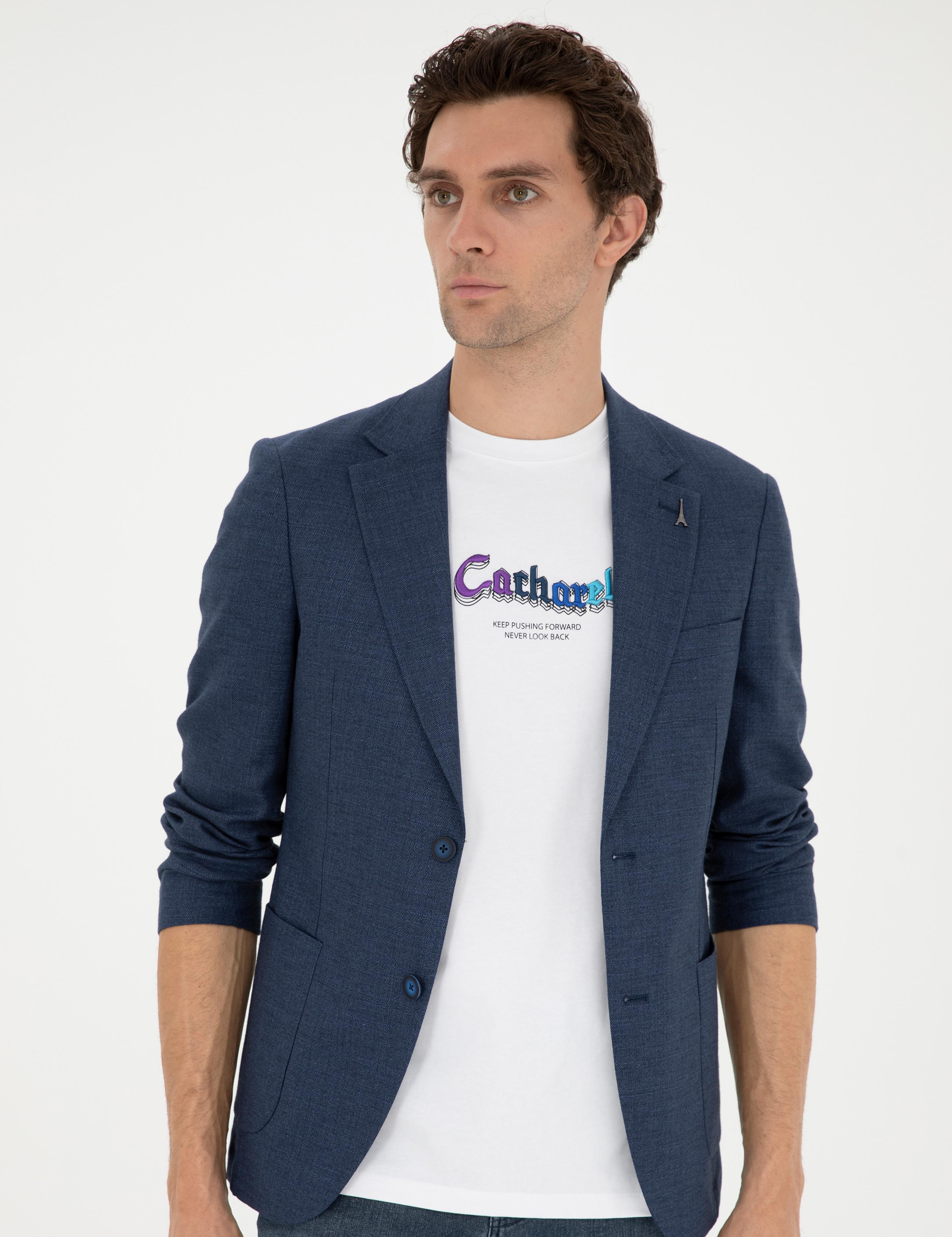 Lacivert Slim Fit Keten Karışımlı Spor Ceket - 50293943047